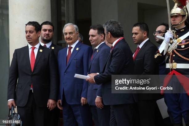 Libyan military officer and the head of the Libyan National Army, Khalifa Haftar leaves the international conference on Libya at the Elysee Palace on...