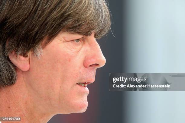 Joachim Loew, head coach of the German national team talks to the media during a press conference of the German national team at Sportanlage Rungg on...