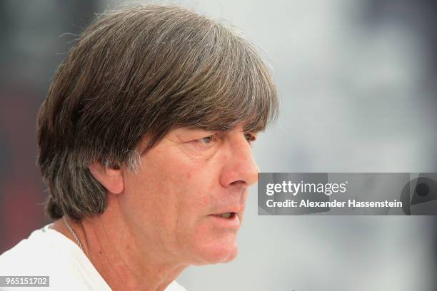 Joachim Loew, head coach of the German national team talks to the media during a press conference of the German national team at Sportanlage Rungg on...