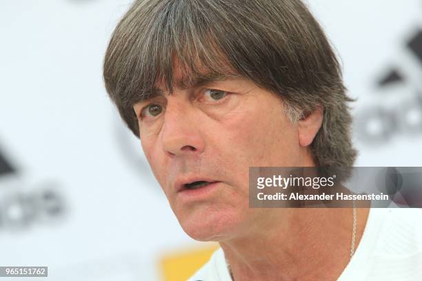 Joachim Loew, head coach of the German national team talks to the media during a press conference of the German national team at Sportanlage Rungg on...