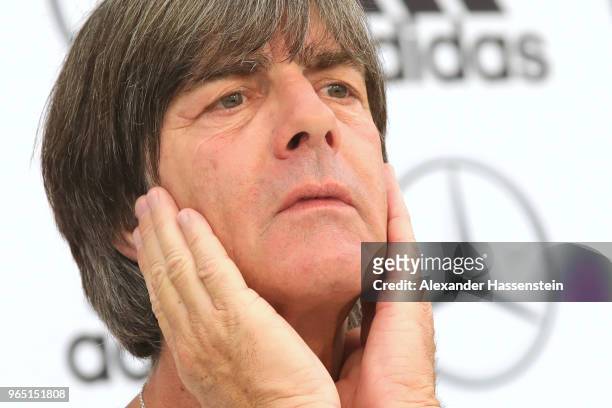 Joachim Loew, head coach of the German national team reacts during a press conference of the German national team at Sportanlage Rungg on day ten of...