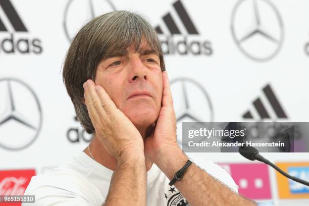 Joachim Loew, head coach of the German national team reacts during a press conference of the German national team at Sportanlage Rungg on day ten of...