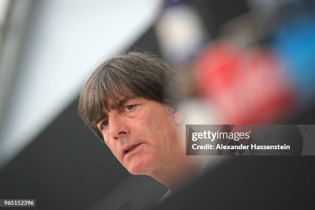 Joachim Loew, head coach of the German national team talks to the media during a press conference of the German national team at Sportanlage Rungg on...