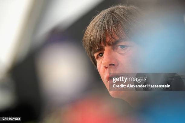 Joachim Loew, head coach of the German national team talks to the media during a press conference of the German national team at Sportanlage Rungg on...