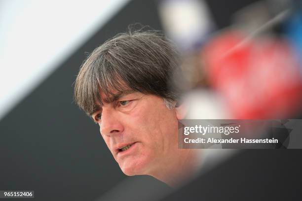 Joachim Loew, head coach of the German national team talks to the media during a press conference of the German national team at Sportanlage Rungg on...