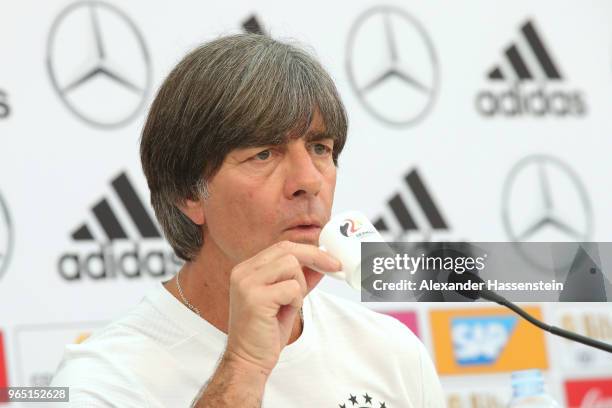 Joachim Loew, head coach of the German national team enjoys an Espresso during a press conference of the German national team at Sportanlage Rungg on...