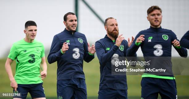 Dublin , Ireland - 1 June 2018; John O'Shea, second from left, with his Republic of Ireland team-mates Declan Rice, left, David Meyler and Jeff...