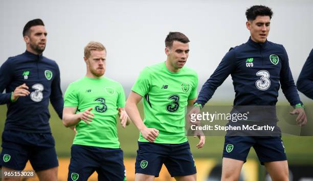 Dublin , Ireland - 1 June 2018; Players, from left, Shane Duffy, Daryl Horgan, Seamus Coleman and Callum O'Dowda during Republic of Ireland training...