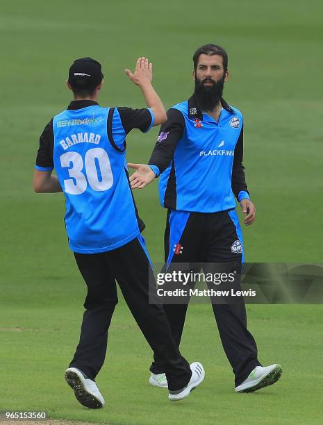 Moeen Ali of Worcestershire is congratulated by team mates, after bowling Riki Wessels of Nottinghamshire during the Royal London One-Day Cup match...