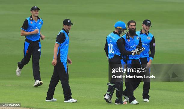 Moeen Ali of Worcestershire is congratulated by team mates, after bowling Riki Wessels of Nottinghamshire during the Royal London One-Day Cup match...