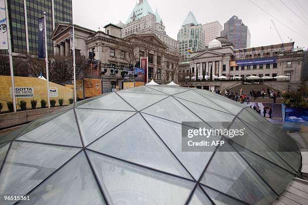 View of the GE Ice Plaza's roof, located in Robson Square, with the Vancouver Art Gallery on the background, downtown Vancouver on Feb. The 7th,...