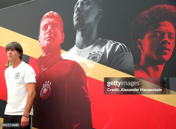 Joachim Loew, head coach of the German national team arrives for a press conference of the German national team at Sportanlage Rungg on day ten of...
