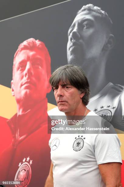 Joachim Loew, head coach of the German national team arrives for a press conference of the German national team at Sportanlage Rungg on day ten of...