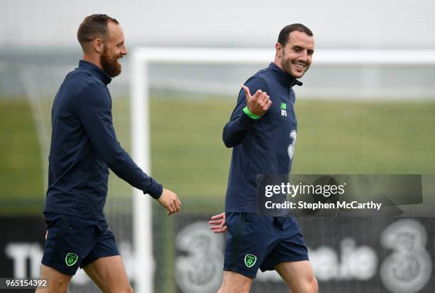 Dublin , Ireland - 1 June 2018; John O'Shea, right, and David Meyler during Republic of Ireland training at the FAI National Training Centre in...