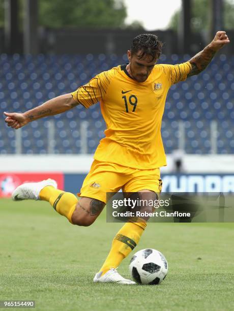 Josh Risdon of Australia kicks the ball during the International Friendly match between the Czech Republic and Australia Socceroos at NV Arena on...