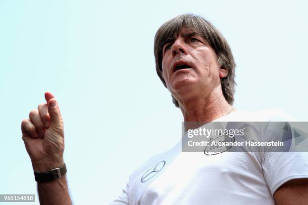 Joachim Loew, head coach of the German national team arrives for a press conference of the German national team at Sportanlage Rungg on day ten of...