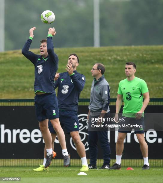 Dublin , Ireland - 1 June 2018; Players, from left, Kevin Long, Shane Duffy and Seamus Coleman during Republic of Ireland training at the FAI...