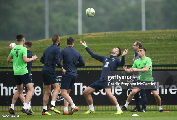 Dublin , Ireland - 1 June 2018; Shane Duffy and Seamus Coleman, right, during Republic of Ireland training at the FAI National Training Centre in...