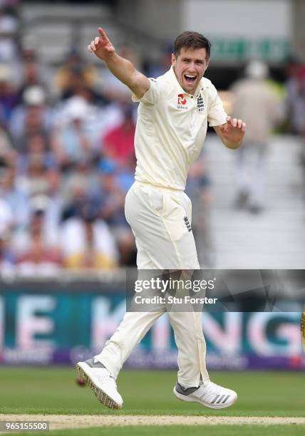 England bowler Chris Woakes appeals during day one of the second Test Match between England and Pakistan at Headingley on June 1, 2018 in Leeds,...