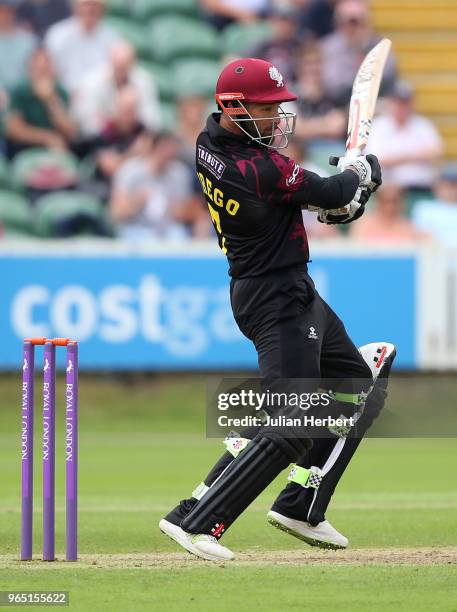 Peter Trego of Somerset hits out during the Royal London One-Day Cup match between Somerset and Gloucestershire at The Cooper Associates County...