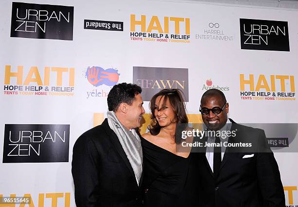 Andre Balazs, designer Donna Karan and Andre Harrell attend the Hope Help & Relief Haiti "A Night Of Humanity" at Urban Zen on February 8, 2010 in...