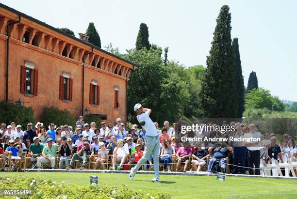 Thomas Pieters of Belgium tees off on the 1st hole during day two of the Italian Open at Gardagolf CC on June 1, 2018 in Brescia, Italy.