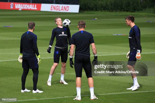 Goalkeepers, Tom Heaton, Jordan Pickford, Jack Butland and Nick Pope during an England training session and press conference at The Grove Hotel on...