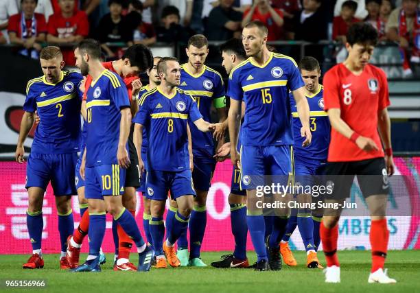 Edin Visca of Bosnia & Herzegovina celebrates after scoring a goal during the international friendly match between South Korea and Bosnia &...