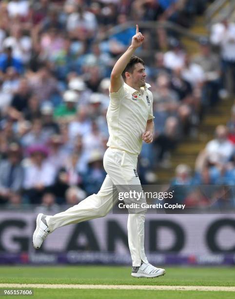 Chris Woakes of England celebrates dismissing Asad Shafiq of Pakistan during the 2nd NatWest Test match between England and Pakistan at Headingley on...