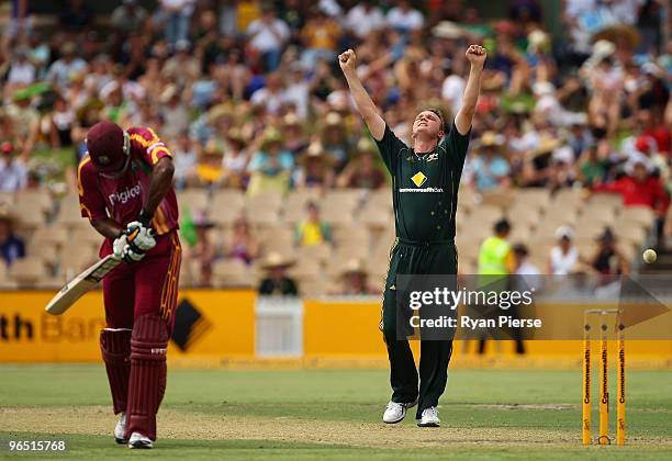 Doug Bollinger of Australia celebrates after dismissing Kieron Pollard of the West Indies during the second One Day International between Australia...