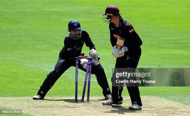 Gareth Roderick of Gloucestershire attempts to stump Matt Renshaw of Somerset during the Royal London One-Day Cup match between Somerset and...
