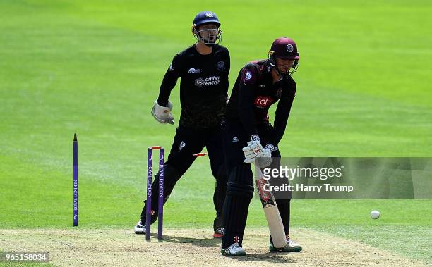 Gareth Roderick of Gloucestershire celebrates as Matt Renshaw of Somerset is bowled by Benny Howell of Gloucestershireduring the Royal London One-Day...