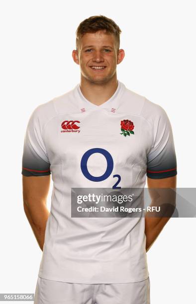 Jonny Hill of England poses for a portrait during the England Elite Player Squad Photo call held at Pennyhill Park on June 1, 2018 in Bagshot,...