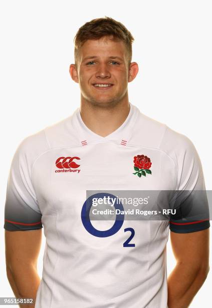 Jonny Hill of England poses for a portrait during the England Elite Player Squad Photo call held at Pennyhill Park on June 1, 2018 in Bagshot,...