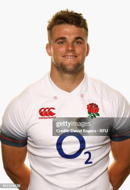 Ben Earl of England poses for a portrait during the England Elite Player Squad Photo call held at Pennyhill Park on June 1, 2018 in Bagshot, England.