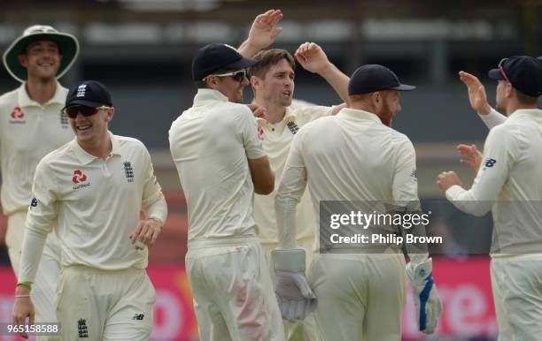 Chris Woakes of England celebrates after dismissing Haris Sohail of Pakistan during the 2nd Natwest Test match between England and Pakistan at...