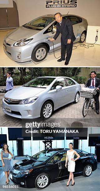 This combo shows file photos from 2009 of Toyota Motors executive vice president Takeshi Uchiyamada demonstrating the electronic plug into the...