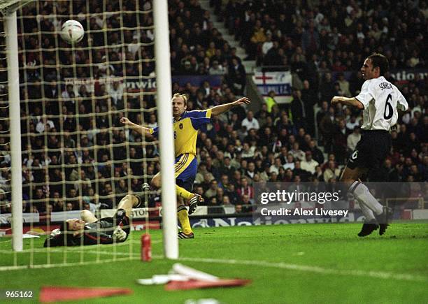 Hakan Mild scores for Sweden during the International Friendly match between England and Sweden played at Old Trafford in Manchester, England. \...
