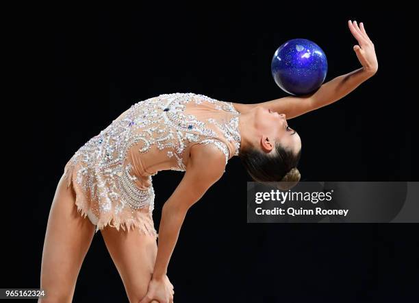 Felicity White of Queensland competes with the ball during the 2018 Australian Gymnastics Championships at Hisense Arena on June 1, 2018 in...