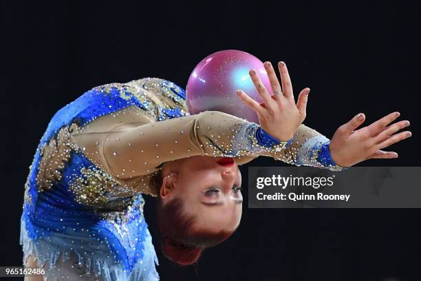 Michaela Whitehouse of New South Wales competes with the ball during the 2018 Australian Gymnastics Championships at Hisense Arena on June 1, 2018 in...