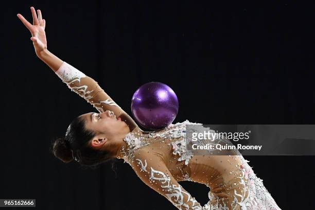 Ashari Gill of Victoria competes with the ball during the 2018 Australian Gymnastics Championships at Hisense Arena on June 1, 2018 in Melbourne,...