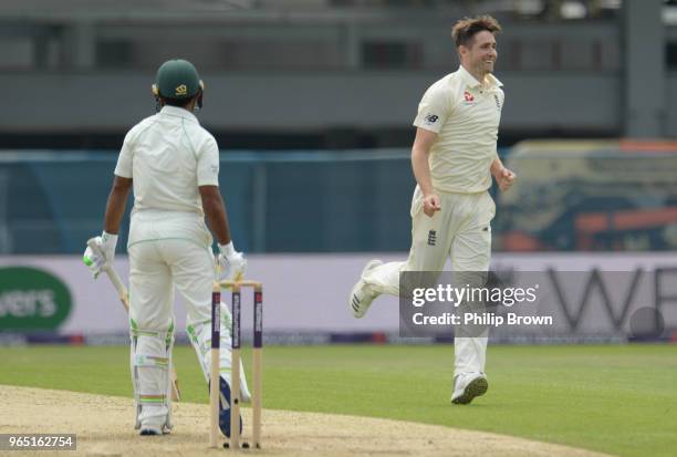 Chris Woakes of England celebrates after dismissing Asad Shafiq of Pakistan during the 2nd Natwest Test match between England and Pakistan at...