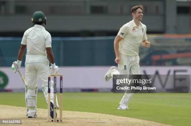 Chris Woakes of England celebrates after dismissing Asad Shafiq of Pakistan during the 2nd Natwest Test match between England and Pakistan at...