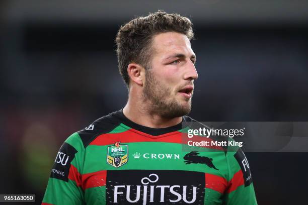 Sam Burgess of the Rabbitohs looks on during the round 13 NRL match between the South Sydney Rabbitohs and the Cronulla Sharks at ANZ Stadium on June...