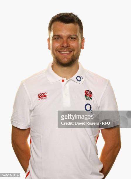 Tom Day, logistic manager of England poses for a portrait during the England Elite Player Squad Photo call held at Pennyhill Park on June 1, 2018 in...