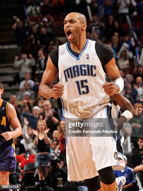 Vince Carter of the Orlando Magic reacts after making a three point shot against the New Orleans Hornets during the game on February 8, 2010 at Amway...