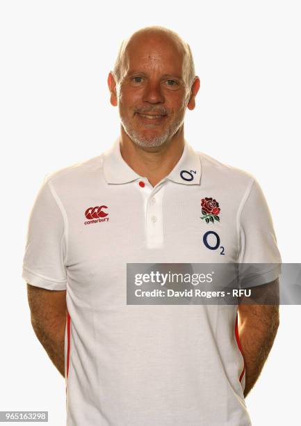 Dr Phil Riley, team doctor of England poses for a portrait during the England Elite Player Squad Photo call held at Pennyhill Park on June 1, 2018 in...