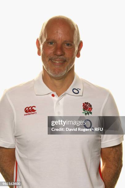 Dr Phil Riley, team doctor of England poses for a portrait during the England Elite Player Squad Photo call held at Pennyhill Park on June 1, 2018 in...