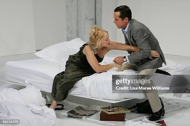 Susie Porter and Marcus Graham perform on stage during a media call for Company B Belvoir's "That Face" stage production at the Belvoir Street...
