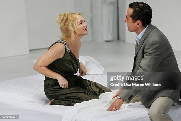 Susie Porter and Marcus Graham perform on stage during a media call for Company B Belvoir's "That Face" stage production at the Belvoir Street...